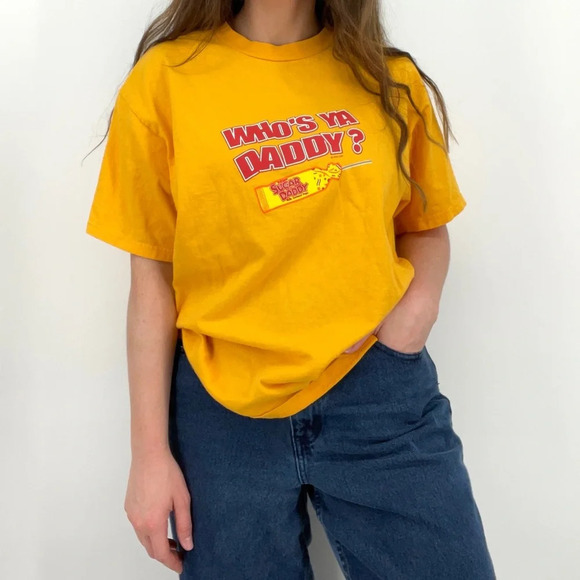 retro y2k "who's your daddy" sugar daddy crewneck graphic tee t-shirt yellow M - Picture 7 of 7